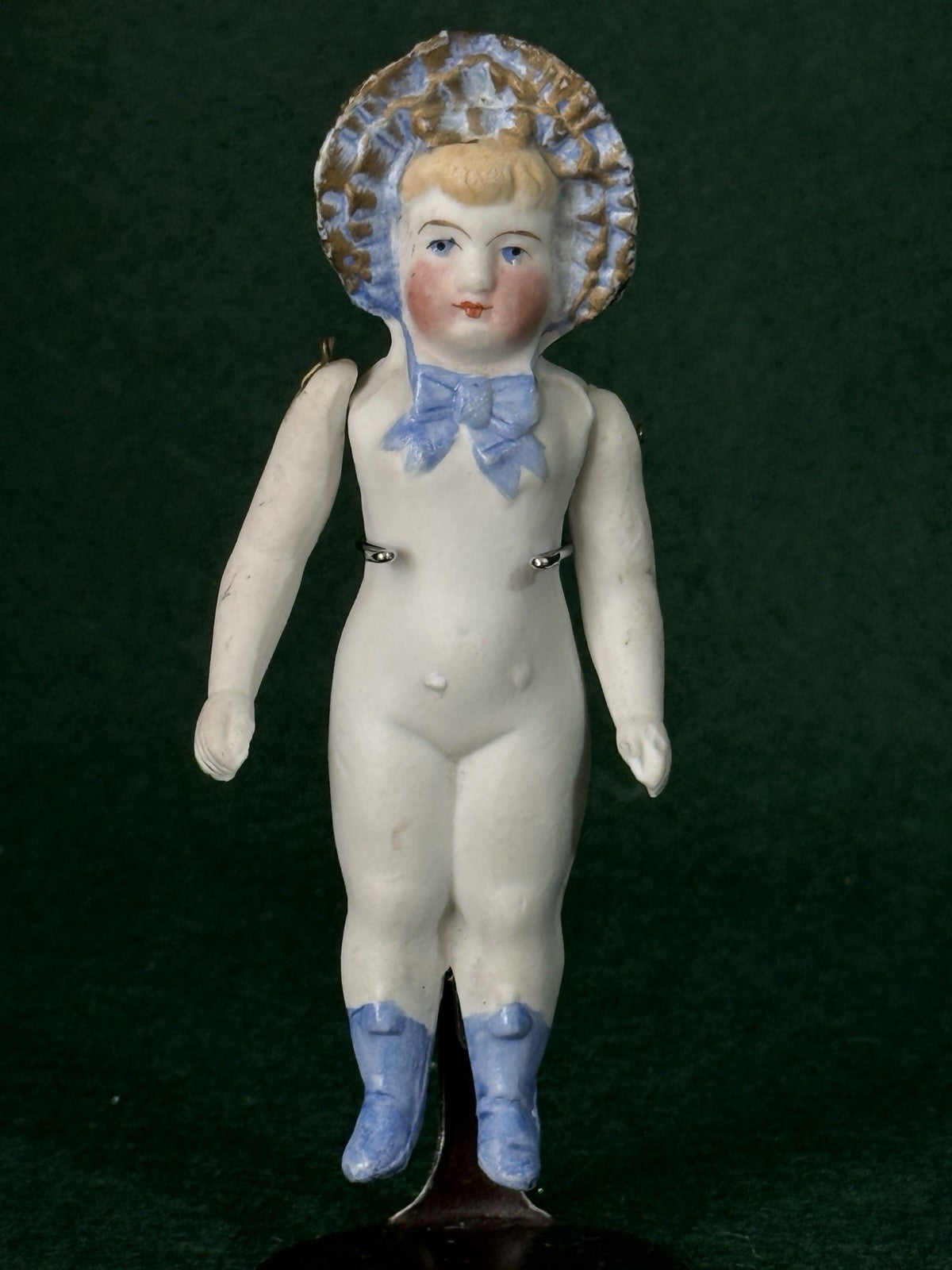 Antique German 4 1/2” Frozen Charlotte Bisque Doll With Molded Bonnet