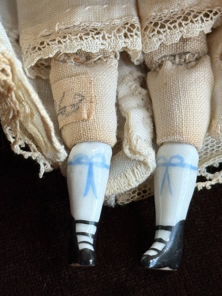 Antique German 5.75” Bisque Cloth Miniature Dollhouse Highbrow China Doll