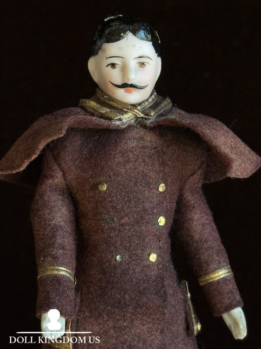Antique German 4.875” Bisque Miniature Dollhouse Male Mustache Soldier Doll