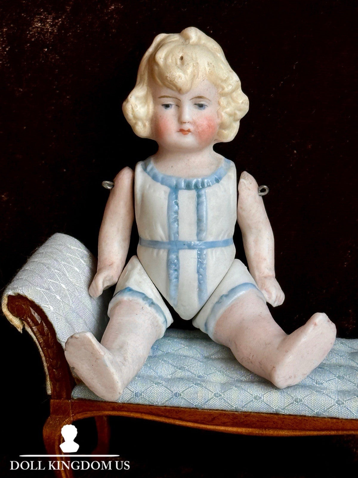 Antique German 4” All Bisque Miniature Dollhouse Doll Molded Outfit
