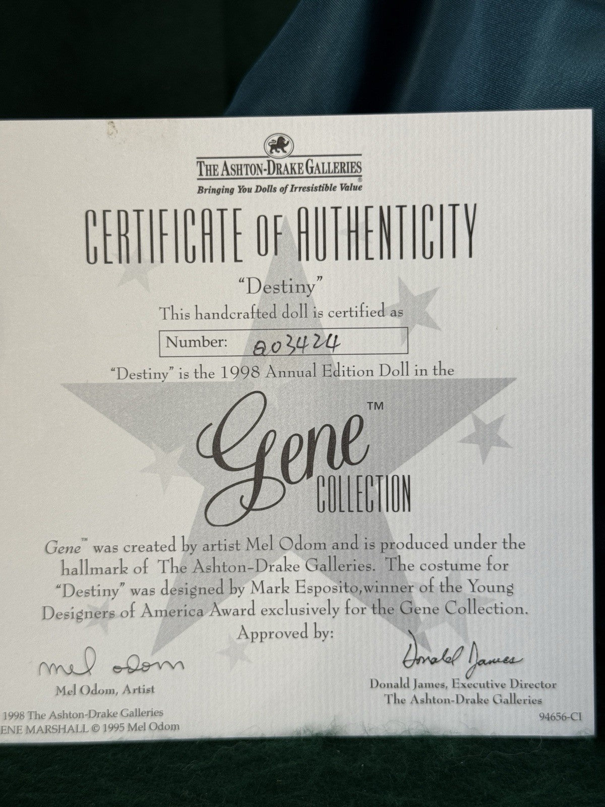 Gene Marshall “Destiny” Mel Odom Fashion Doll Box/Tag/COA