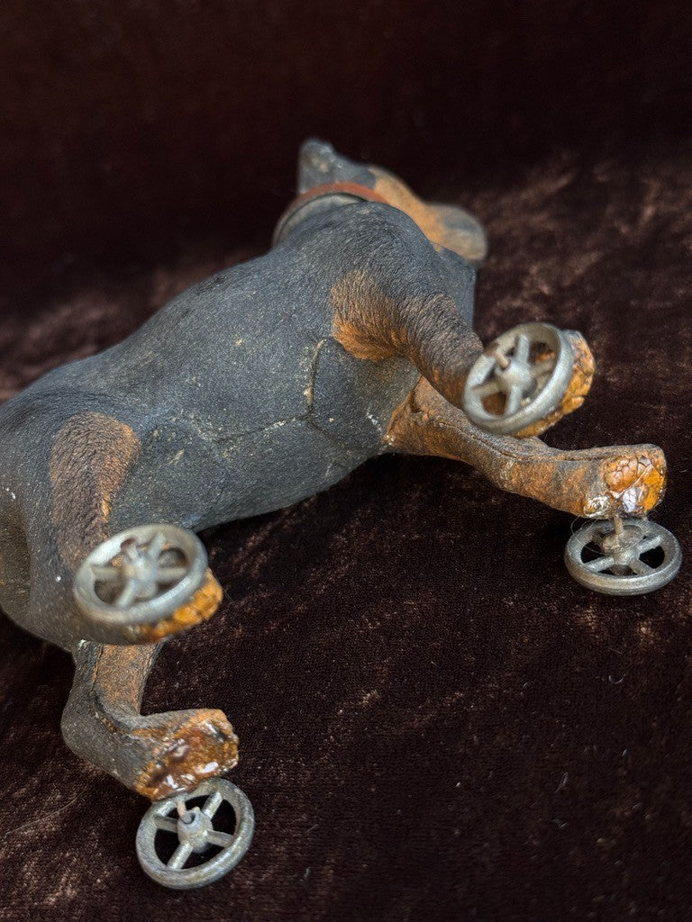 Antique German Papier-Mâché Doberman Pinscher Dog on Wheels Pull Toy