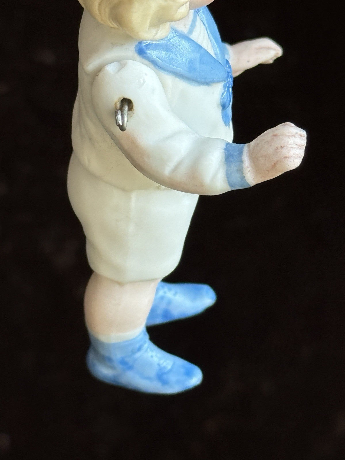 Antique German 4.25” All Bisque Miniature Dollhouse Doll Molded Sailor Outfit