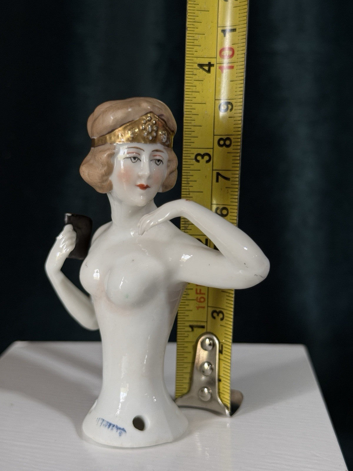 Antique German Art Deco Pin Cushion Half Doll Lady with Gold Hair Crown Band