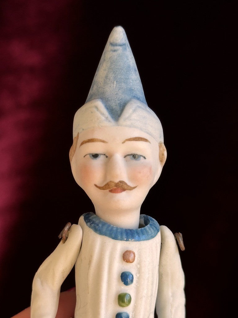 Antique German 4.375” Miniature All Bisque Jester Clown Dollhouse Doll