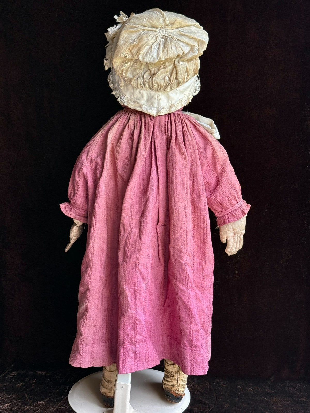 Early Antique American 28” Primitive Folk Cloth Rug Oil Painted Portrait Doll