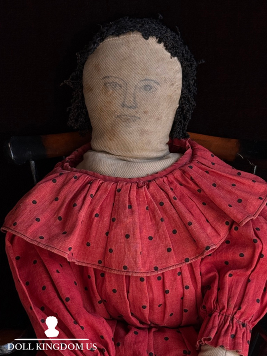 Antique American 21" Primitive Folk Art Cloth Rug Portrait Doll