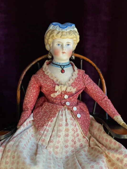 Antique German 15” Fancy Parian Bisque Head China Doll with Pierced Ears