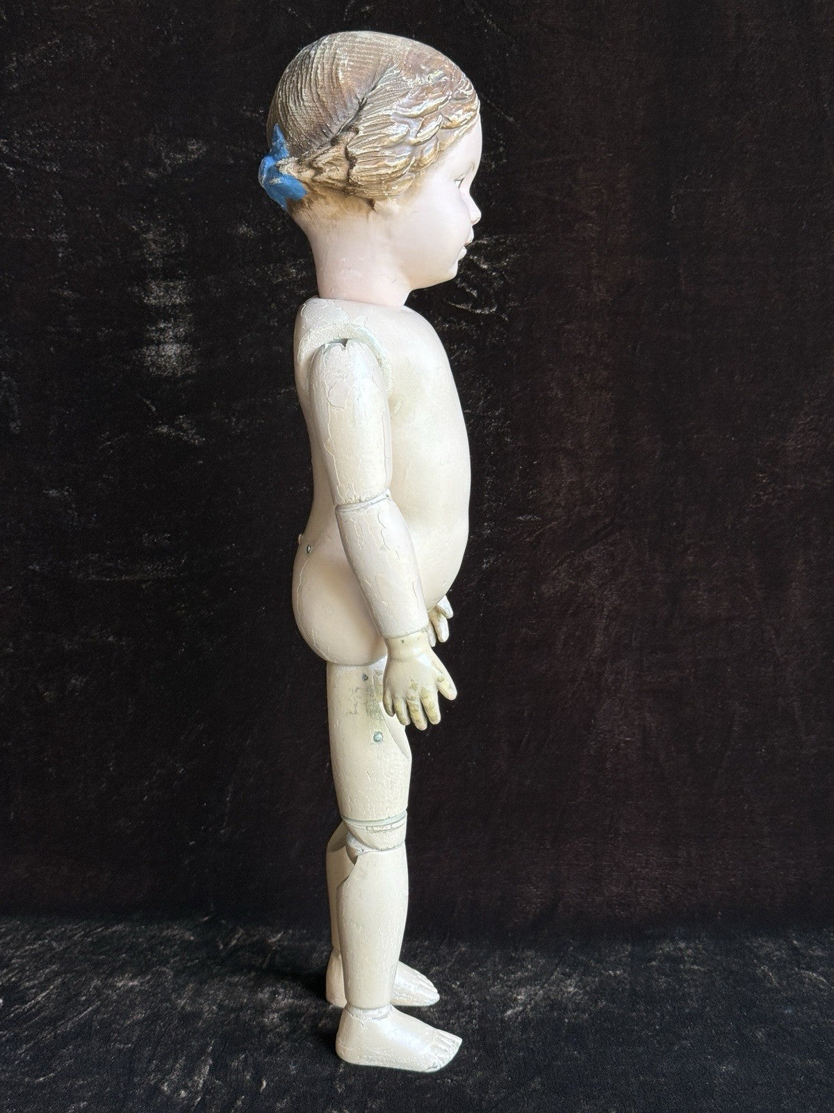 Antique American 16.5” Schoenhut 102 Series Wooden Doll Carved Braided Hair Bow
