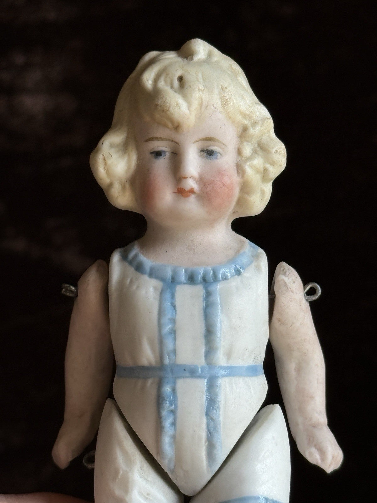 Antique German 4” All Bisque Miniature Dollhouse Doll Molded Outfit