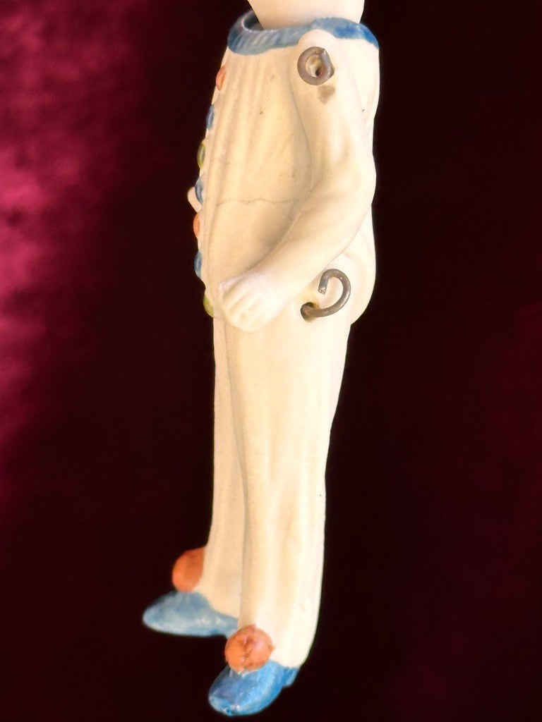 Antique German 4.375” Miniature All Bisque Jester Clown Dollhouse Doll