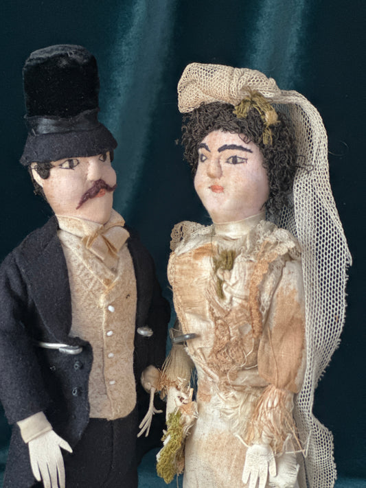 Lot Of 2 Antique 1900’s Early Cloth  10” Bride and Groom Stockinette Dolls