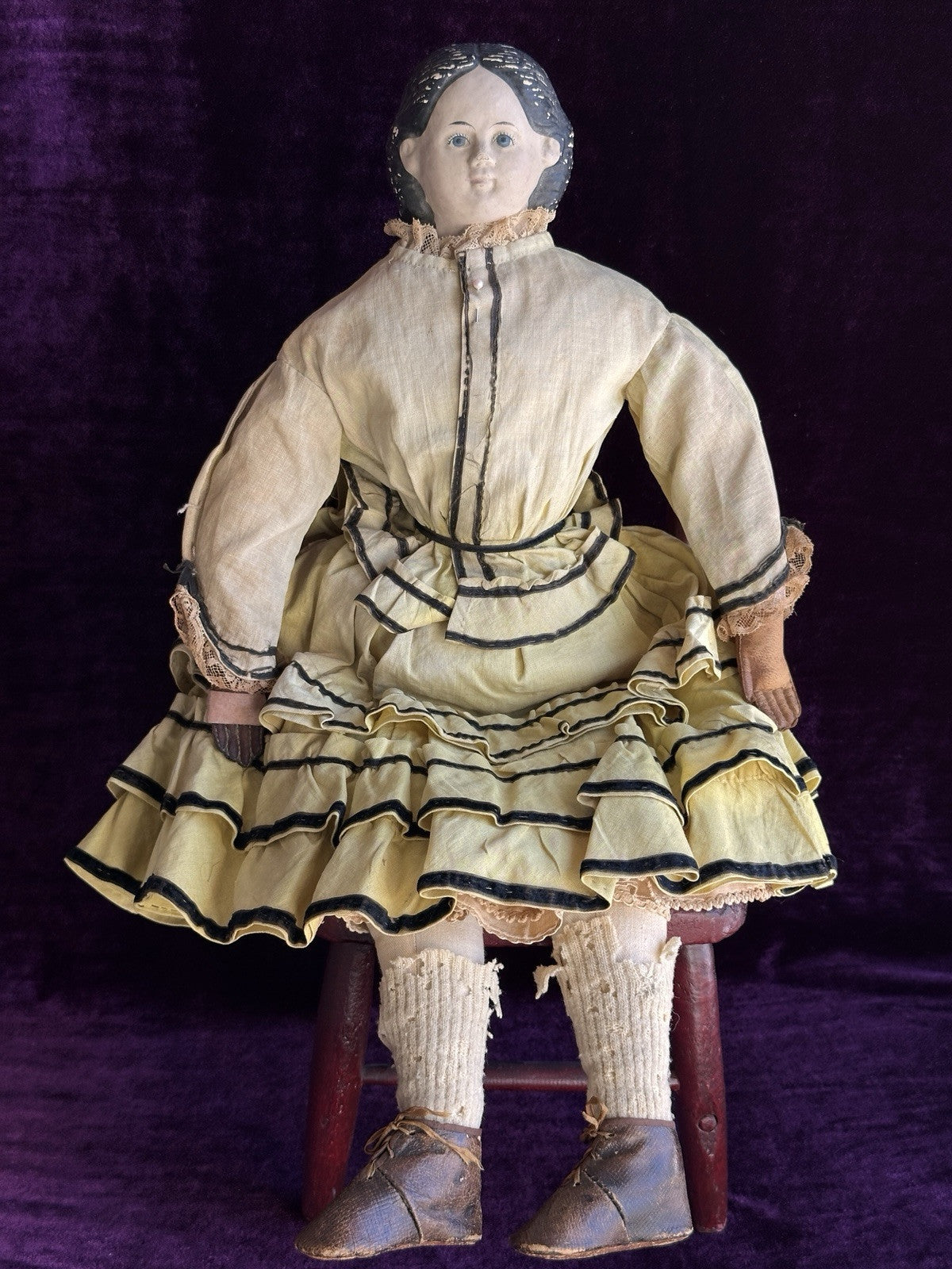 Antique American 22” Greiner No. 5 Papier Mache Doll with Original Label