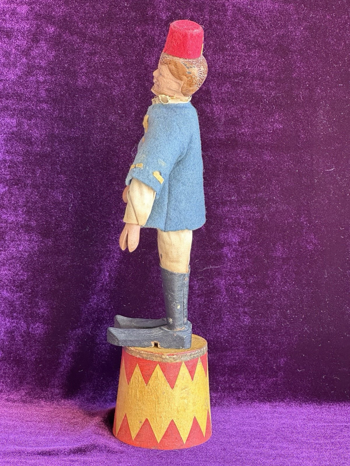 Antique American Schoenhut 8.25” Wooden Circus Tamer Doll and 2.5” Tub Toy