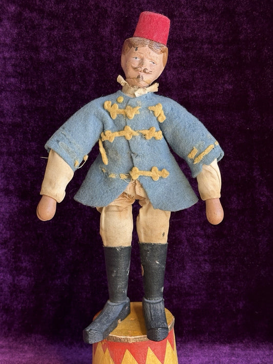 Antique American Schoenhut 8.25” Wooden Circus Tamer Doll and 2.5” Tub Toy