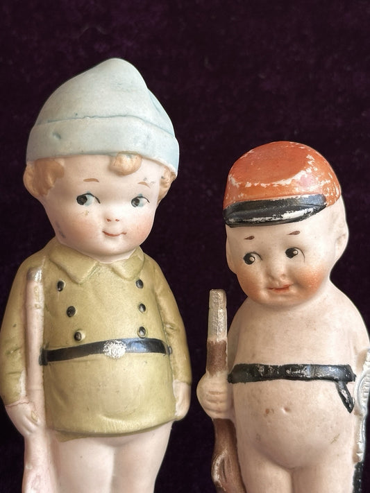 Antique German All Bisque Soldiers 4” and 4.75” Kewpie Style Character Dolls