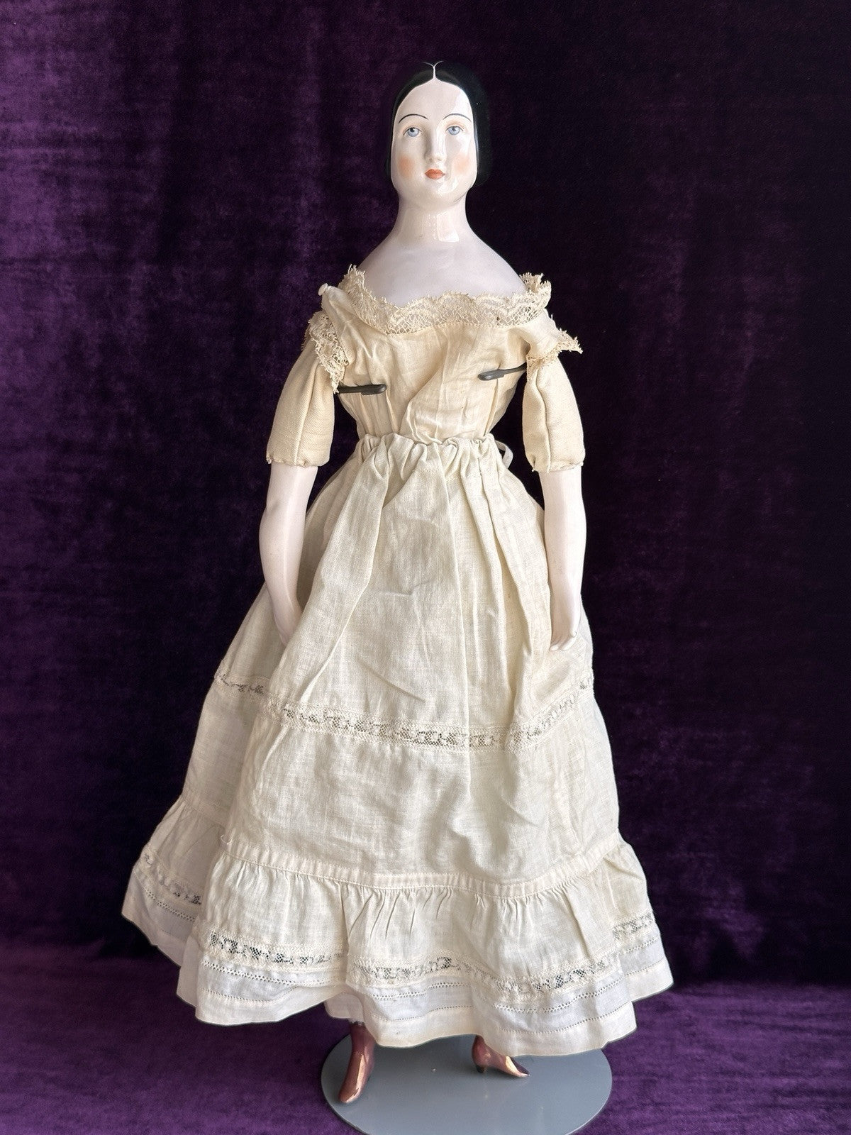 Rare Vintage 19.5” Emma Clear Fanny Elssler China Head Doll with Molded Bun