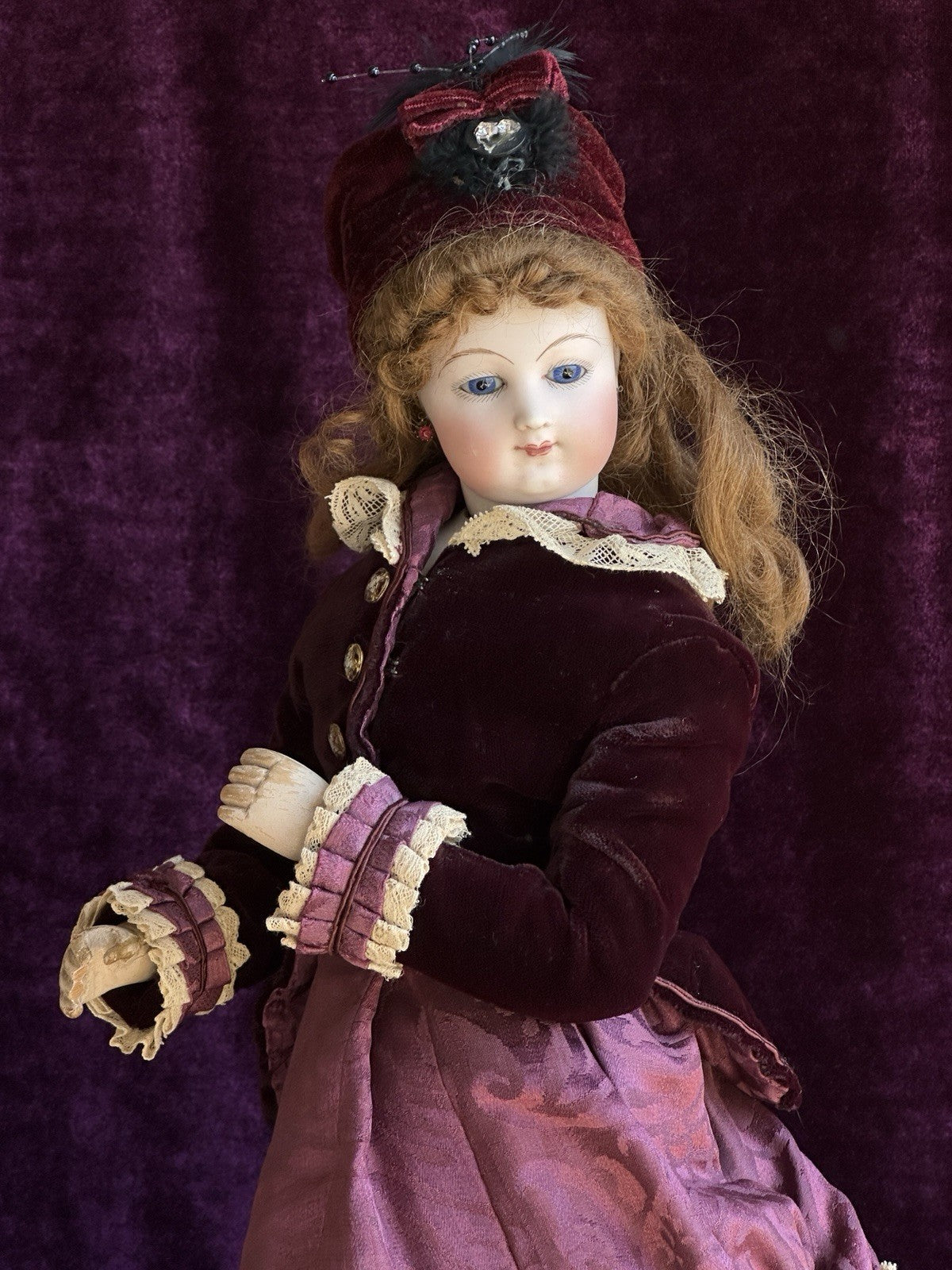 Rare Antique French Poupee 17” Lady Fashion Doll with Articulated Wood Body