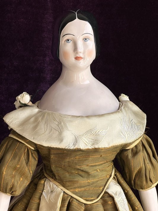 Rare Vintage 19.5” Emma Clear Fanny Elssler China Head Doll with Molded Bun